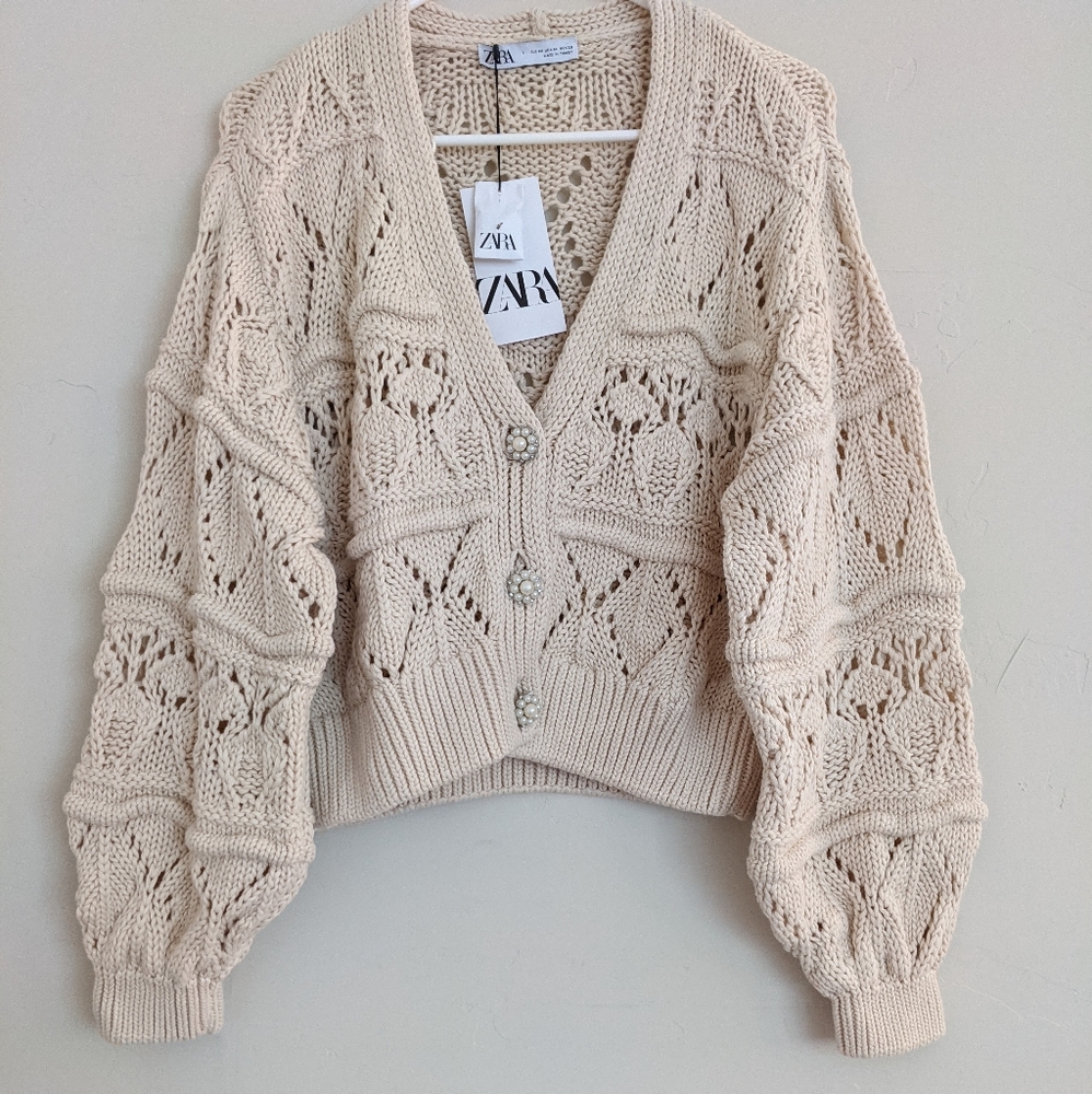 NEW ZARA BEIGE COTTON CARDIGAN WITH PEARL BUTTONS - Picture 9 of 15